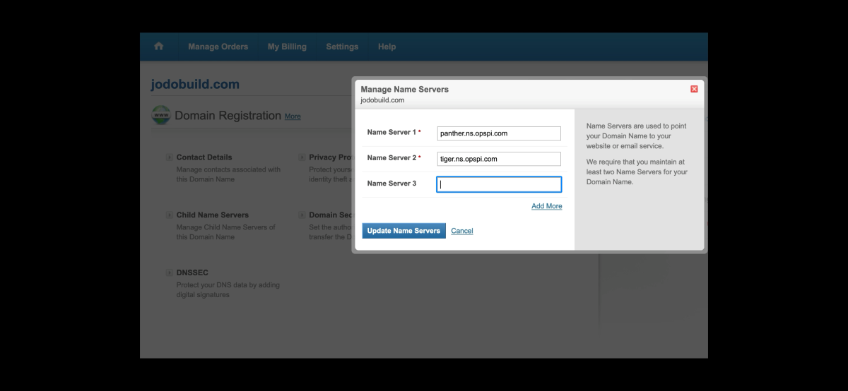 Changing nameservers at domain registrar
