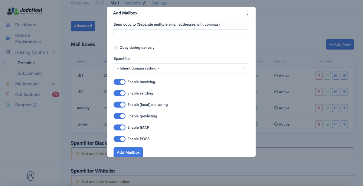 Creating email accounts in OPSPI