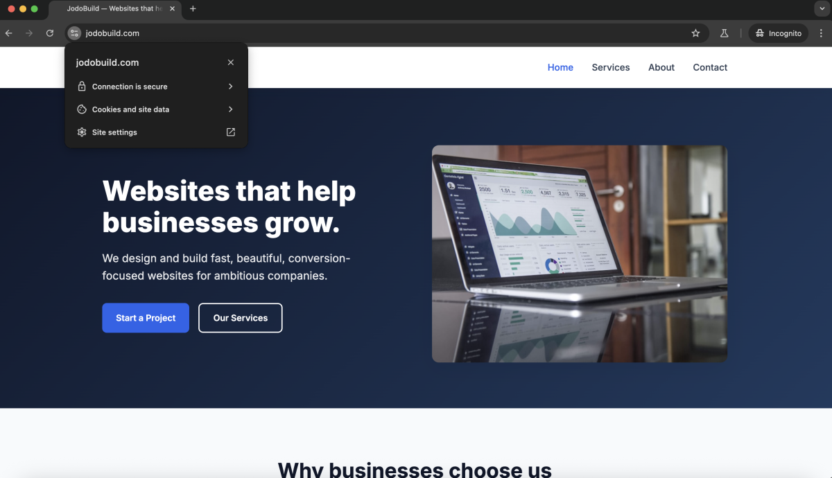 Website showing secure connection